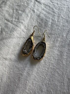 Purple Agate Slice Drop Earrings with Gold Trim